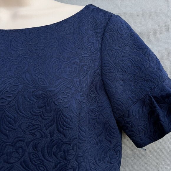 Talbots Size 10 Navy Blue Jacquard Brocade Ruffle Sleeve Sheath Dress Classic - Picture 4 of 8